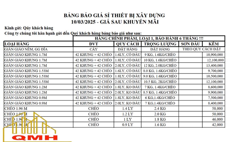 Bảng báo giá giàn giáo khung 2025