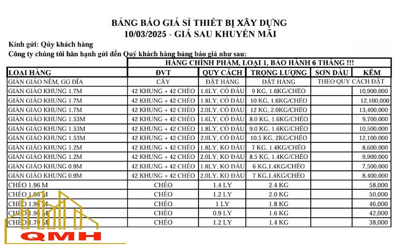 Giá giàn giáo khung 2025 tại Quang Minh Hưng