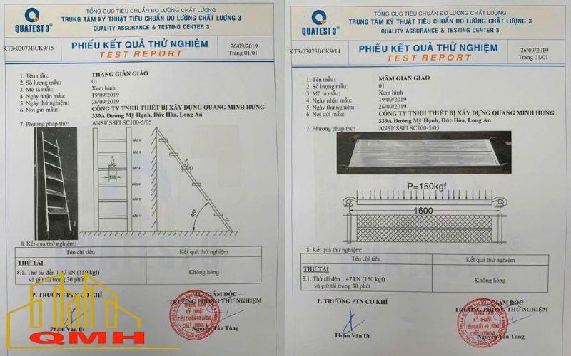 Phiếu kiểm nghiệm chất lượng mâm và thang giàn giáo